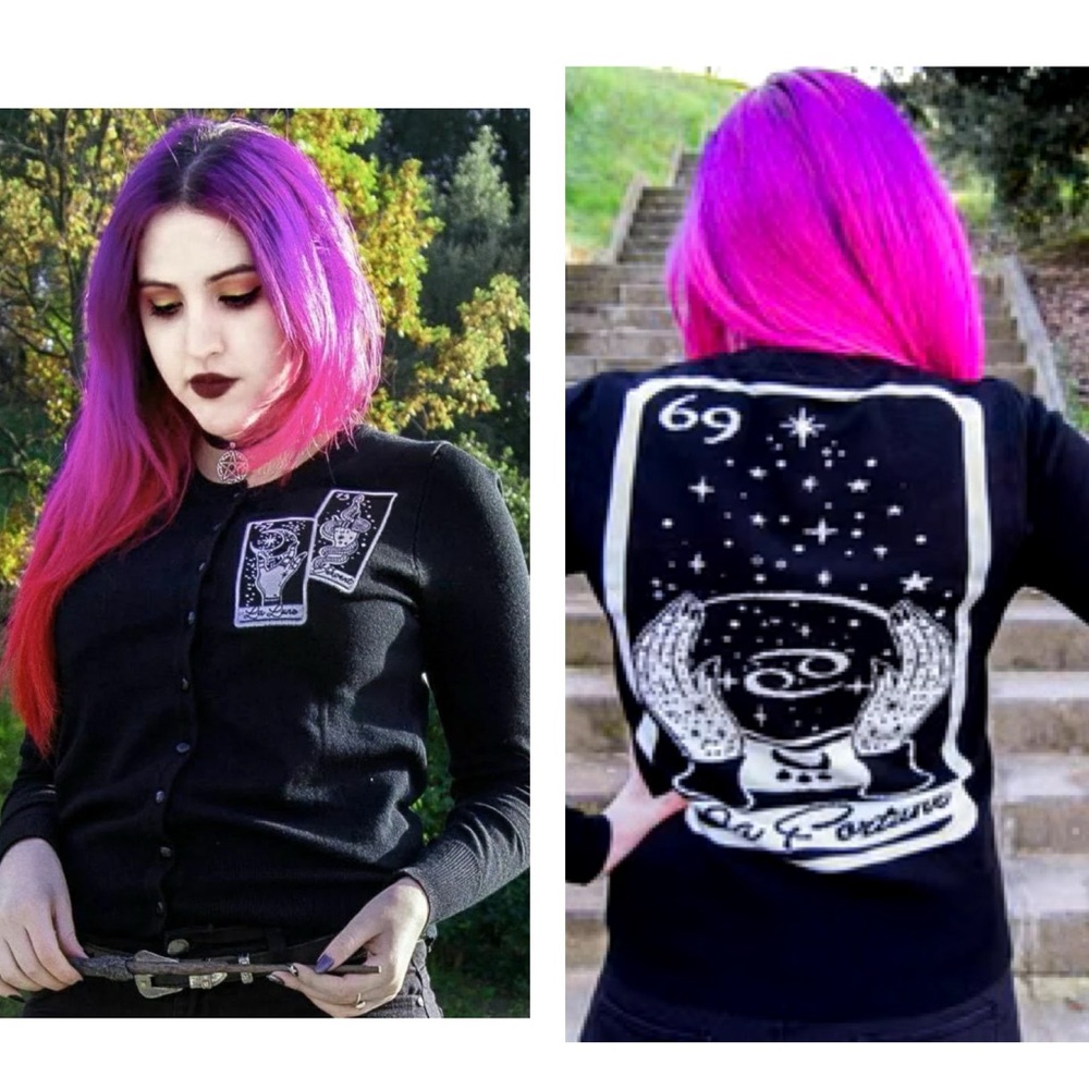 RAT BABY La Fortune Tarot Card Embroidered Knit Cardigan Button Down Black XXL